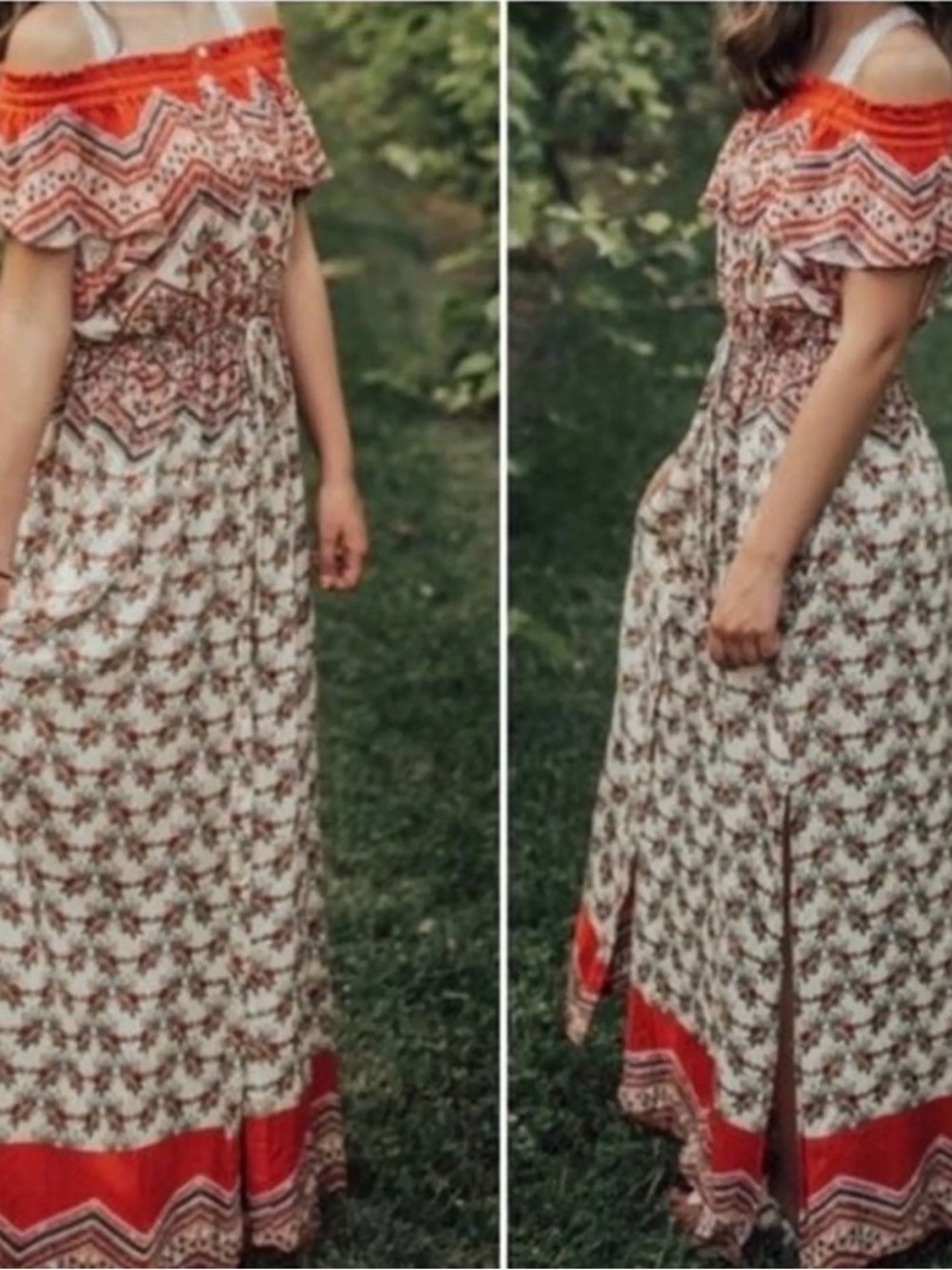 Patrons of Peace Off-Shoulder Maxi Dress in Red and Cream